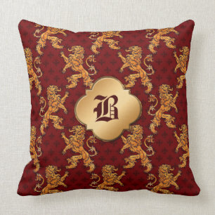 Medeltida guld- lejona Röd Fleur de Lis Kudde