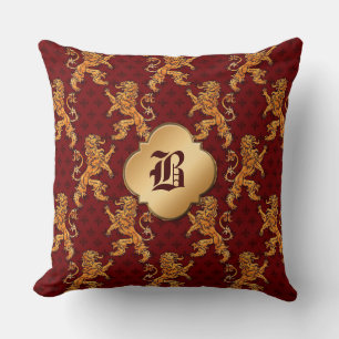 Medeltida guld- lejona Röd Fleur de Lis Kudde