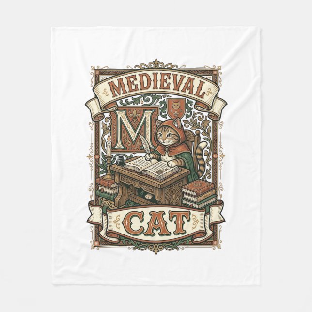 Medeltida Katt Katt Medeltida Manuskript Vintage Fleecefilt (Framsidan)