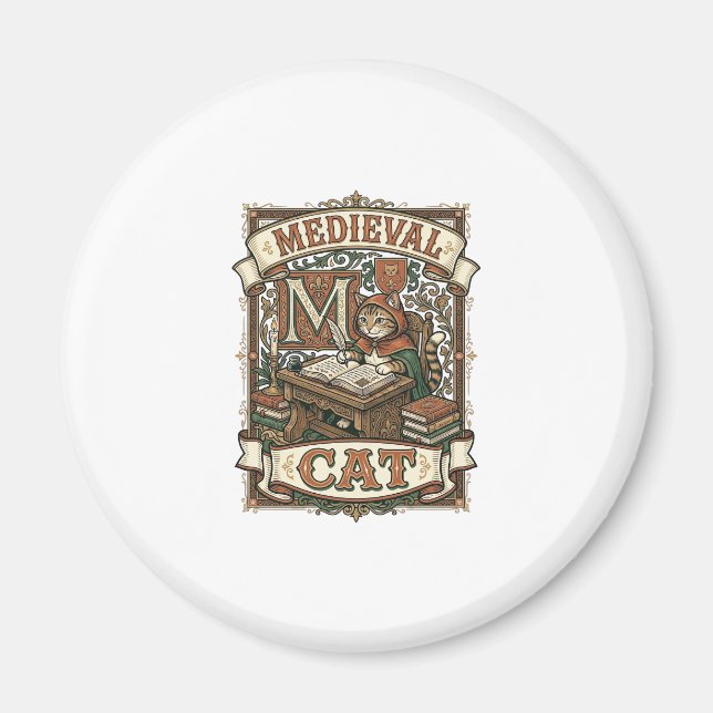 Medeltida Katt Katt Medeltida Manuskript Vintage Magnet (Framsidan)