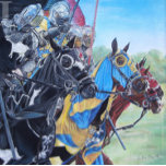medeltida knivar som hoppar på hästarkonst armbandsur<br><div class="desc">Den här unika och mycket coola klockan har en av mina favoritmålningar på den, jouttknivarna på horseback-målningen heter "The Four Knight of The Forest Festival". Jag målade det från ett foto som jag tog när jag var på Forest Festival på Chingford Plains i Förenade kungariket. Skogsfestivalen äger rum varje år...</div>