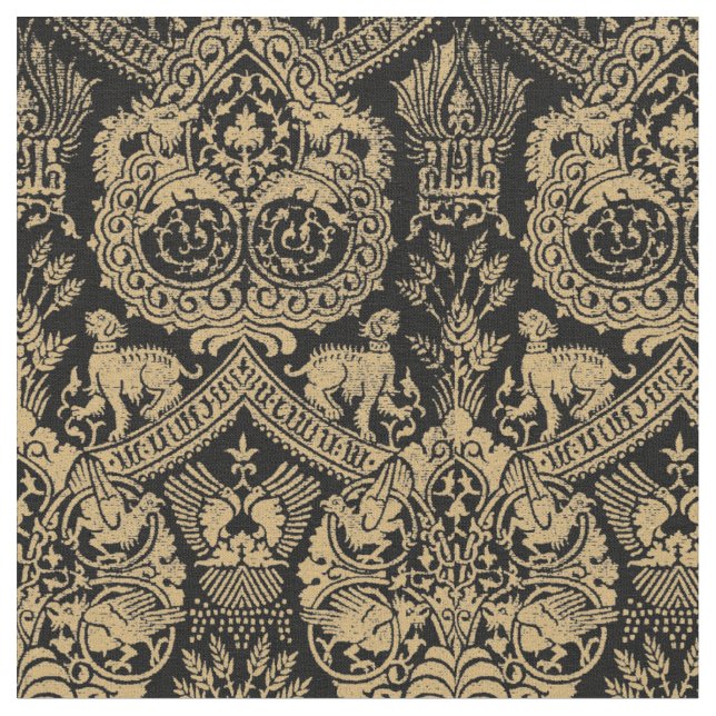 Medeltida Lejon, fåglar och drakmer Mönster Tyg (Närbild)