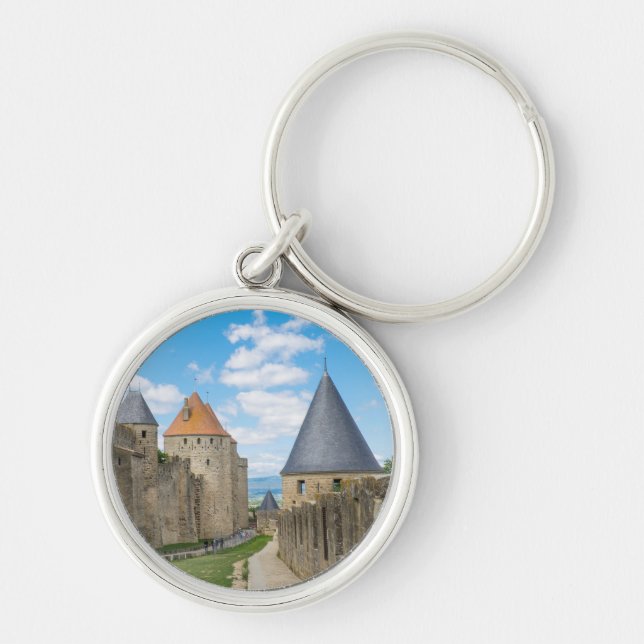 Medeltida murar i Carcassonne Rund Silverfärgad Nyckelring (Framsidan)