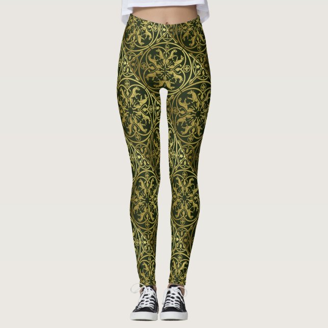 Medeltida renässanshjälte Lejon Leopard Metallisk  Leggings (Framsida)