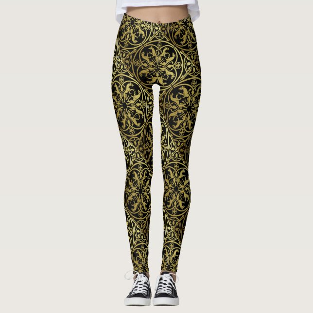 Medeltida renässanshjälte Lejon Leopard Metallisk  Leggings (Framsida)