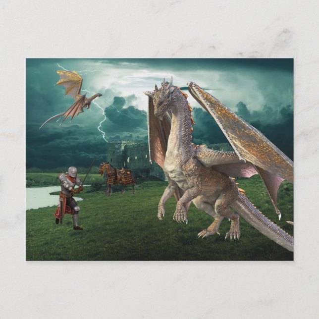 Medeltida Riddare Bronsdrake Fantasy Strid Vykort (Framsida)