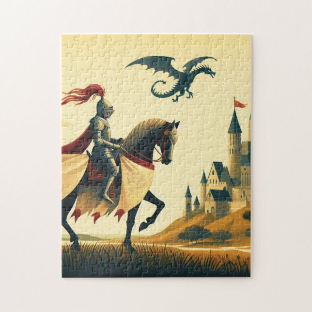 Medeltida riddare/lindorm/fantasy-slott pussel (Vertikal)