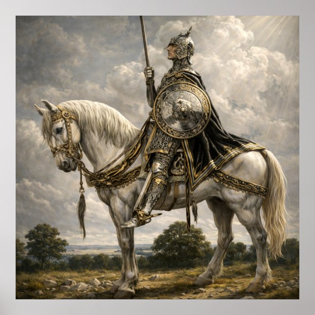 Medeltida riddare till häst Retro Fantasy Art Poster (Framsidan)