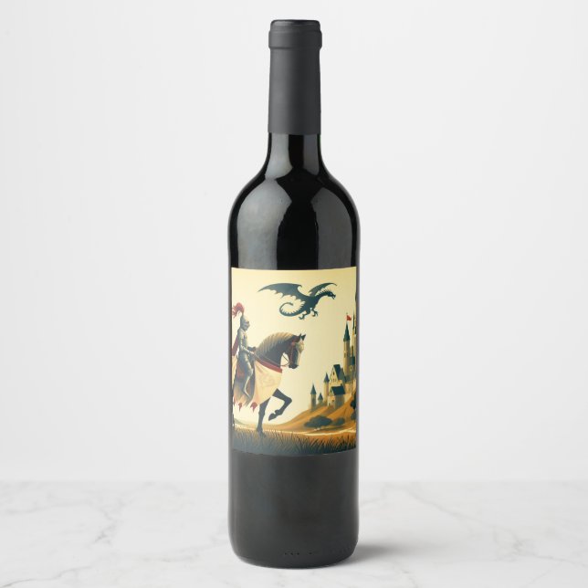 Medeltida riddare & wyvern slott fantasin  vinflaska etikett (Framsida)