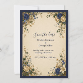 Medeltida Royal Blue Botanisk Blommig Bröllop Inbjudningar