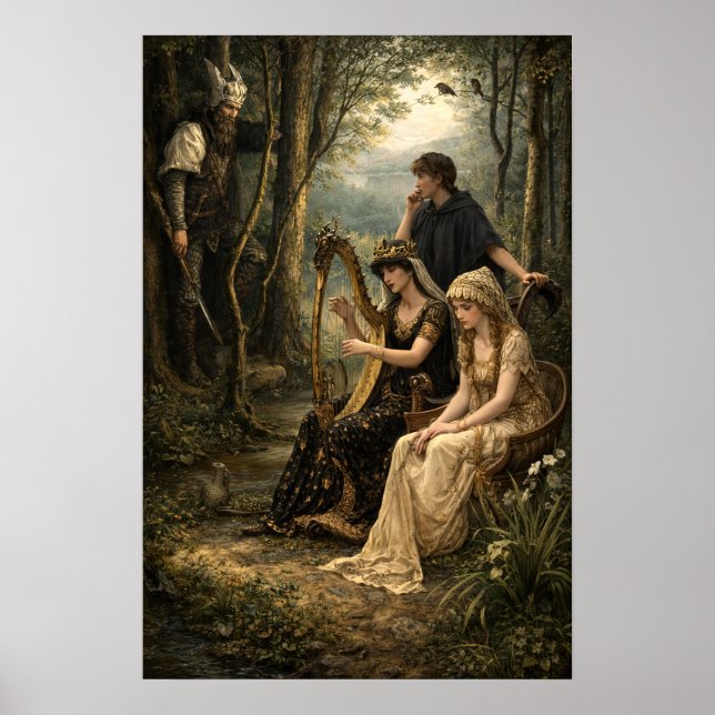 Medeltida sagodrottning i skogen med harpa poster (Framsidan)