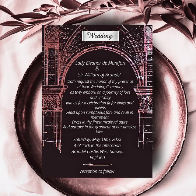 Medeltida slott Moody Rosa Falskt Pergament Bröllo Inbjudningar (Medieval Castle Faux Parchment Wedding Invitation)