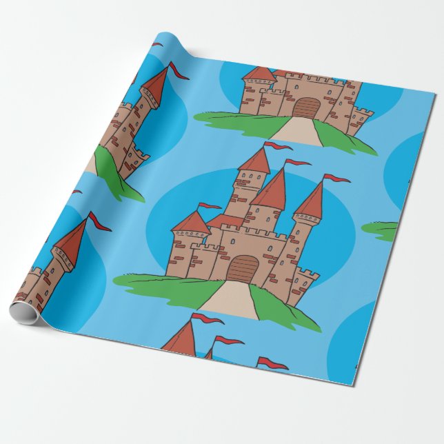 Medeltida slott på kulle med röda flaggor presentpapper (Utrullad)