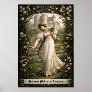 Medeltida slott & prinsessa som plockar blommor poster