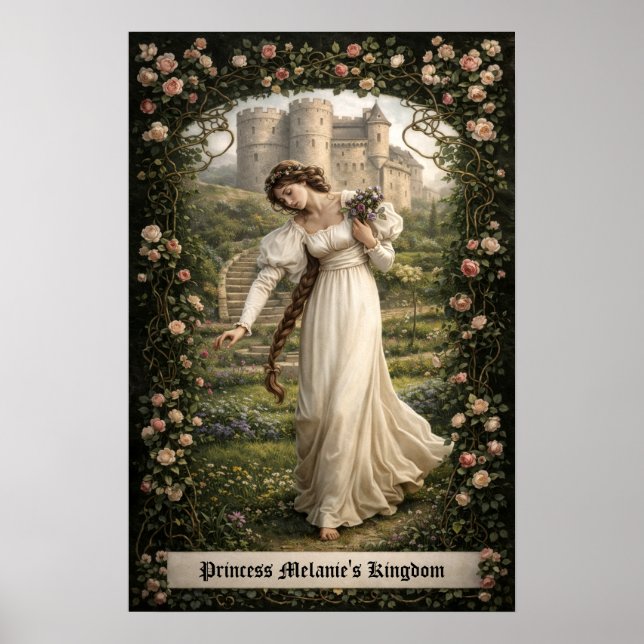 Medeltida slott & prinsessa som plockar blommor poster (Framsidan)