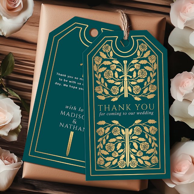 Medeltida svärd i teal och guld Bröllop Tack Presentetikett (Skapare uppladdad)