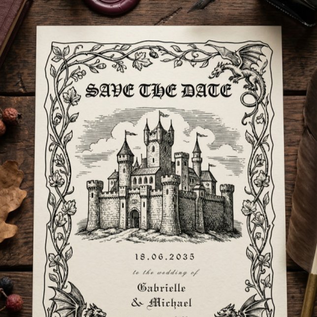 Medeltida svart-vit illustration av slott  spara datumet (Skapare uppladdad)