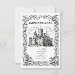 Medeltida svart-vit illustration av slott spara datumet