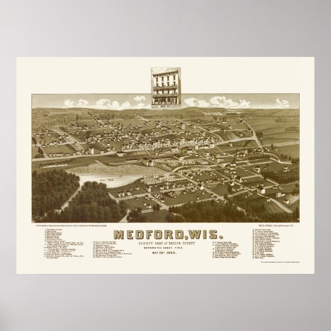 Medford, WI Panoramic Karta - 1885 Poster (Framsidan)