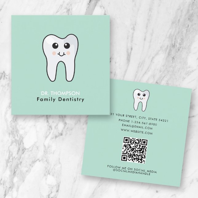 Media för Cute Tandfamilj Tandvård QR-kod Social Fyrkantigt Visitkort (Cute Tooth Family Dentistry QR Code Social Media Square Business Card)