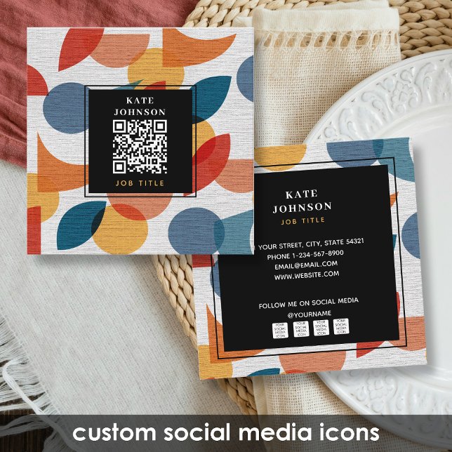 Media för Retro-Abstrakt, kvartssekel, QR-kod, Soc Fyrkantigt Visitkort (Retro Abstract Midcentury QR Code Social Media Square Business Card)