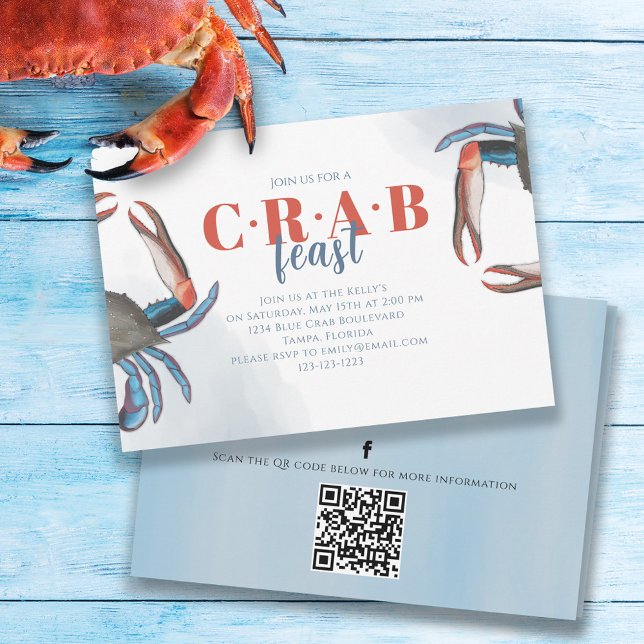 Media för vattenfärgsenkel blå Crab QR-kod Social Inbjudningar (Skapare uppladdad)