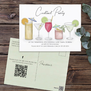 Media för Watercolor Cocktail Drinks QR Code Socia Vykort