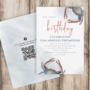 Media med Watercolor Birthday Blue Crab QR-kod Soc Inbjudningar