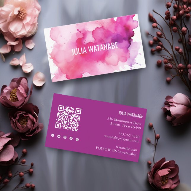 Media Modern för Social-Stänk i QR-kod för vattenf Visitkort (Pink watercolor splash custom business cards with QR code and social media icons)