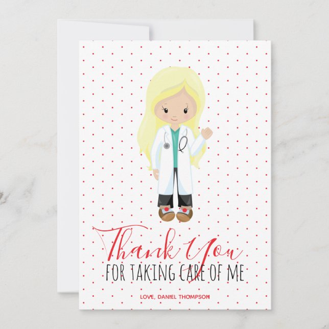 Medic Blond Läkare Röd Typografi Prickar Tack Kort (Framsida)