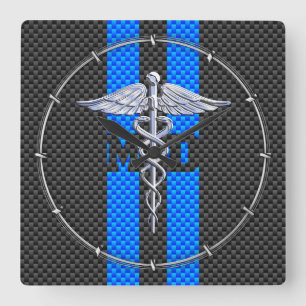 Medical Doctor MD Caduceus Carbon Fiber Stripes Fyrkantig Klocka