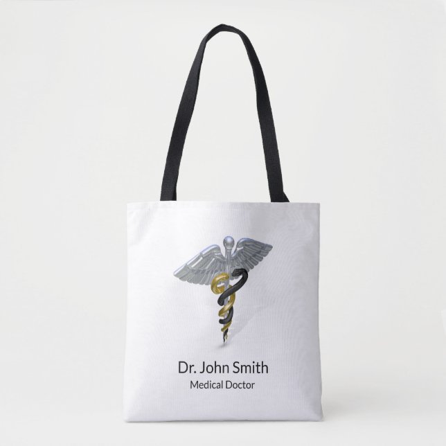 Medical Silver Caduceus Black Guld - Tote Bag Tygkasse (Framsida)