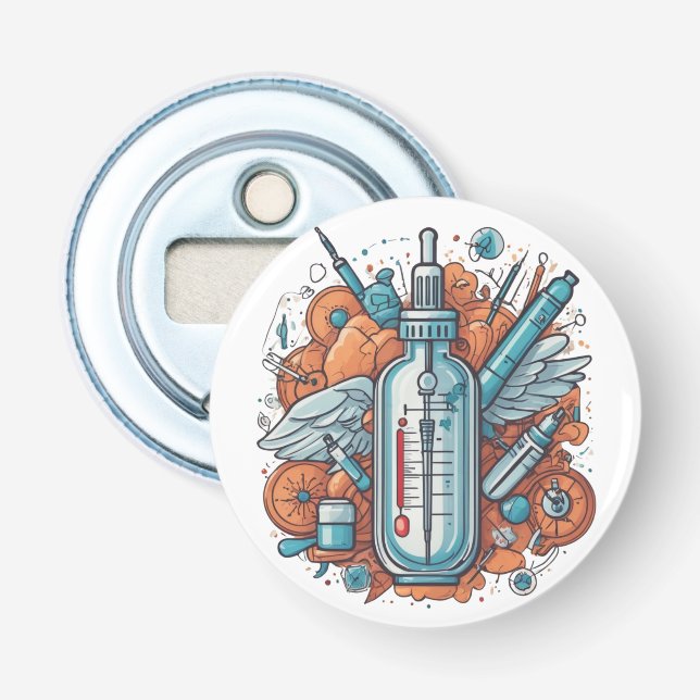 Medical Vial Art – Syringe & Pill Bottle Wings  Flasköppnare (Framsidan)