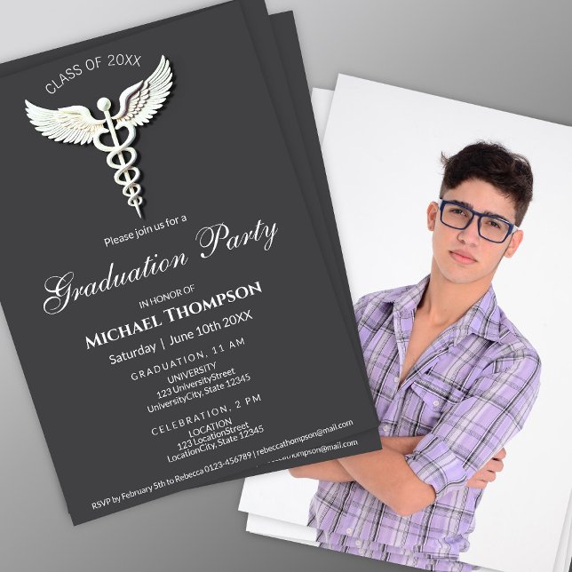 Medical White Caduceus Anthracite Photo Graduation Inbjudningar (Skapare uppladdad)