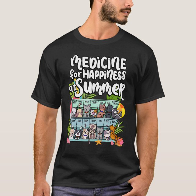 Medicin För Lycka På Sommar Vardagar Dagar Katt T Shirt (Framsida)