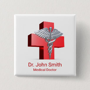 Medicinsk 3D Caduceus Kor Red Silver Knapp