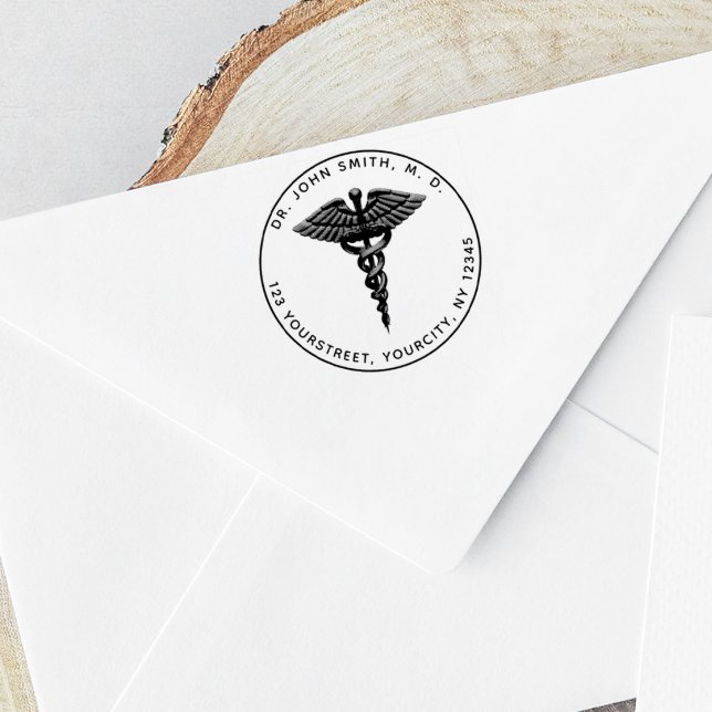 Medicinsk 3d Caduceus Symbol Rund Returadress Stämpel (Skapare uppladdad)