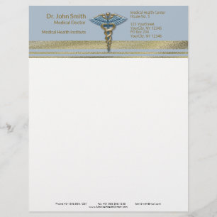 Medicinsk Caduceus Light Blue Faux Gold Foil Rand Brevhuvud