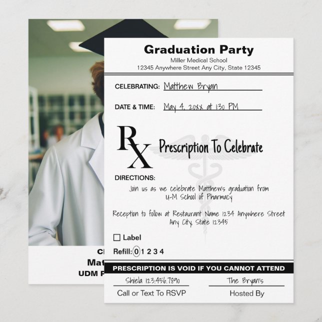 Medicinsk Caduceus Rx förskrivning Pad Studenten Inbjudningar (Fram/baksida)