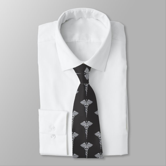 Medicinsk Caduceus Silver Charcol Mönster Neck Tie Slips (Bunden)