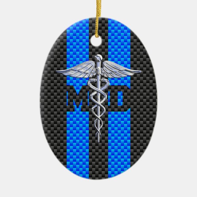 Medicinsk Doktor MD Caduceus Carbon Fiber Rand Julgransprydnad Keramik (Framsidan)