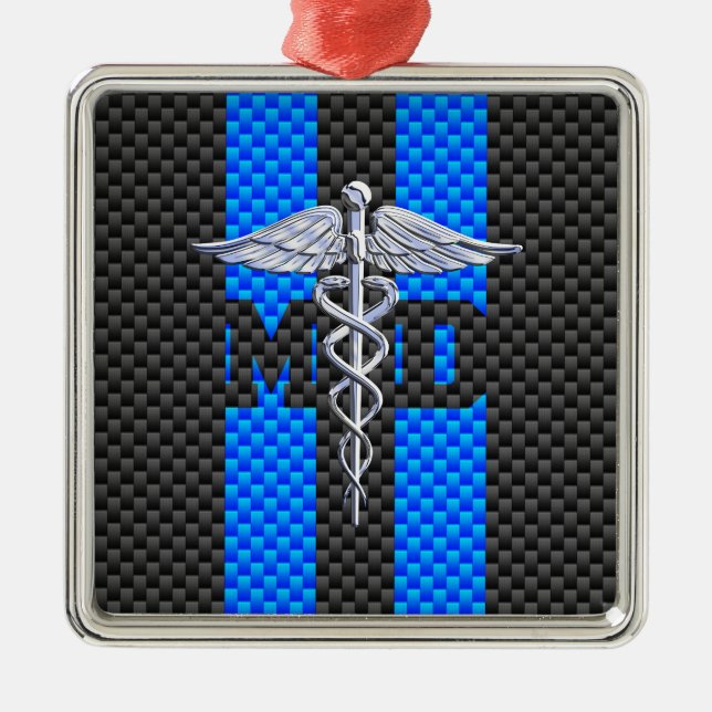 Medicinsk Doktor MD Caduceus Carbon Fiber Rand Julgransprydnad Metall (Framsidan)