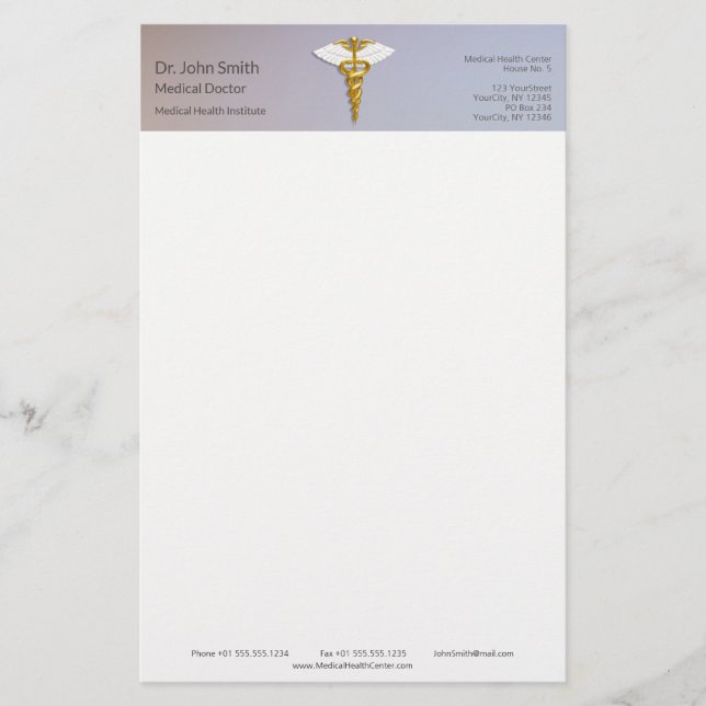 Medicinsk Elegant Guld Kaducé Valky Wings Brevpapper (Framsida)