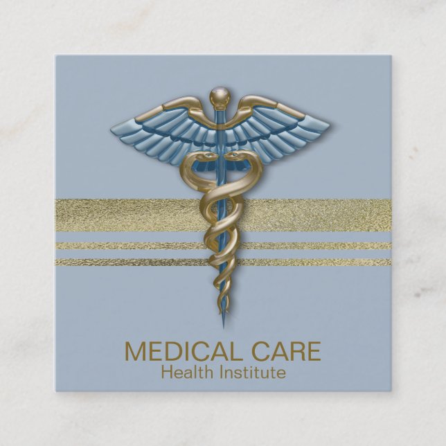 Medicinsk faux guldfoil Rand Caduceus Light Blue Fyrkantigt Visitkort (Framsida)