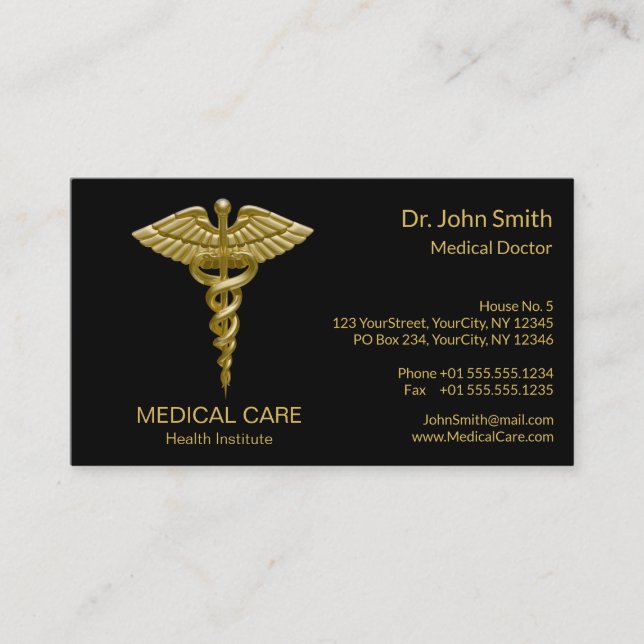 Medicinsk guld- Caduceus på svarten - visitkort (Framsida)