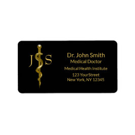 Medicinsk klass Rod of Asclepius Guld on Black Adressetikett