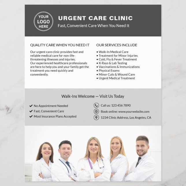 Medicinsk klinik Akutsjukvård Grått Logotyp QR Reklamblad (Framsidan)