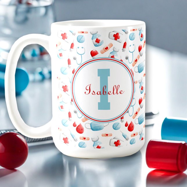 Medicinsk Mönster, Monogrammed sjuksköterska, stor Kaffemugg (Medical Pattern Monogrammed Nurse Large Mug)