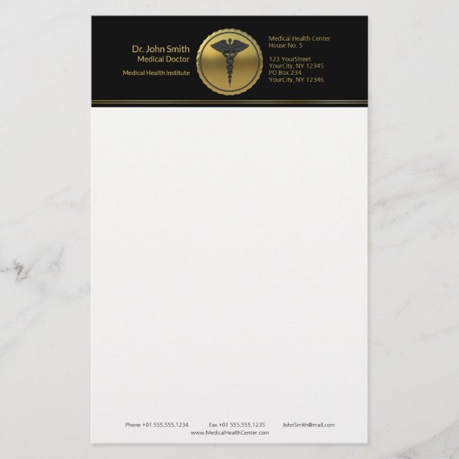 Medicinsk professionell 3D-guld-caduceus-emblem Brevpapper (Framsida)