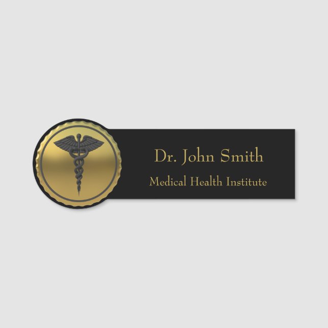 Medicinsk professionell 3D-guld-caduceus-emblem Namnbricka (Framsida)